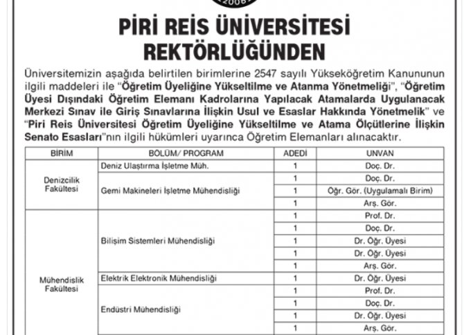 Piri Reis Üniversitesi Öğretim Elemanı Alacak 